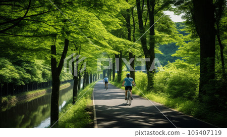 綠樹環繞的風景優美的自行車道 生成式人工智能 綠樹環繞的風景優美的自行車道 生成式人工智能 105407119