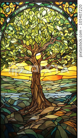 Acacia tree stained glass illustration Generative AI Acacia tree stained glass illustration Generative AI 105407220