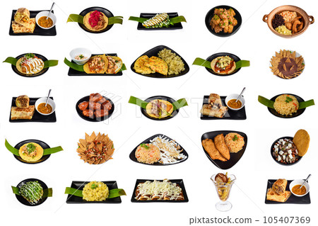 Set or collage of many latin american and mexican food on white background Set or collage of many latin american and mexican food on white background 105407369