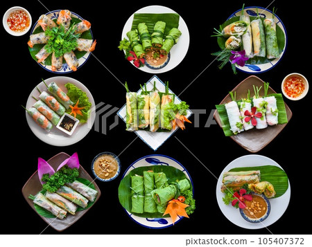 Set or collage of different types of vietnamese spring rolls on a black background Set or collage of different types of vietnamese spring rolls on a black background 105407372