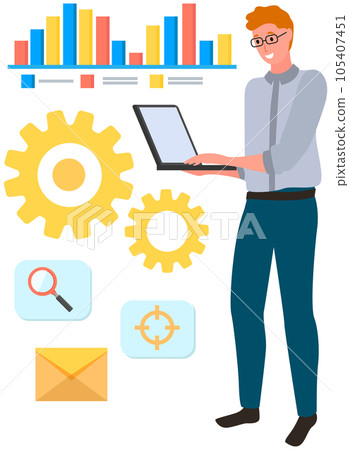 Businessman sitting on wallet is working with money on laptop. Man with computer exaggerates profit Businessman sitting on wallet is working with money on laptop. Man with computer exaggerates profit 105407451