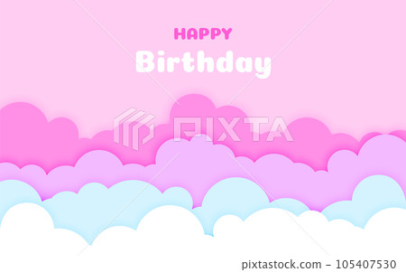 Paper cut cloud background happy birthday flat. Greeting card landscape papercut purple pink blue cute sky template banner flyer poster congratulate postcard cover holiday event big date sweet dreams 105407530