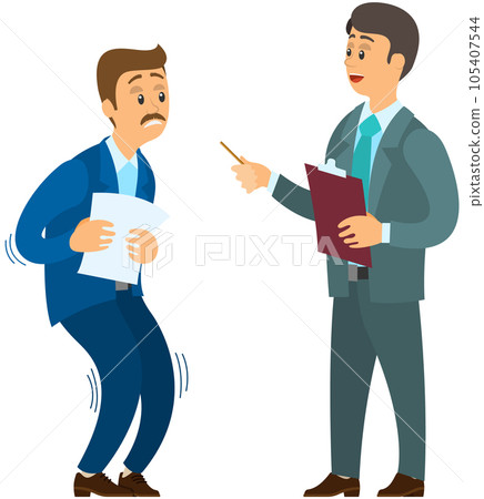 Angry boss shouting to scared employee. Director scolds worker, fear of manager at work concept Angry boss shouting to scared employee. Director scolds worker, fear of manager at work concept 105407544