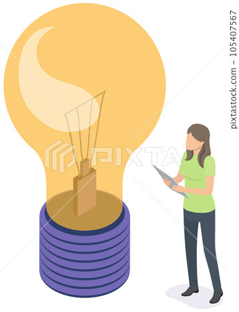 Female characters develop creative business idea. Stand near big light bulb 105407567