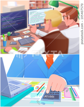 Office worker male character sitting at table with computer, programmer writes program code Office worker male character sitting at table with computer, programmer writes program code 105407570