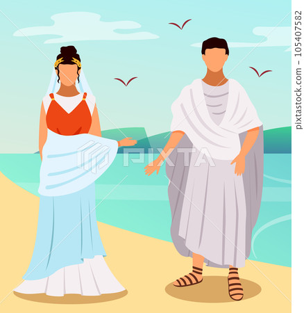 Roman woman and man in traditional clothes, citizens of ancient rome vector on white background 105407582