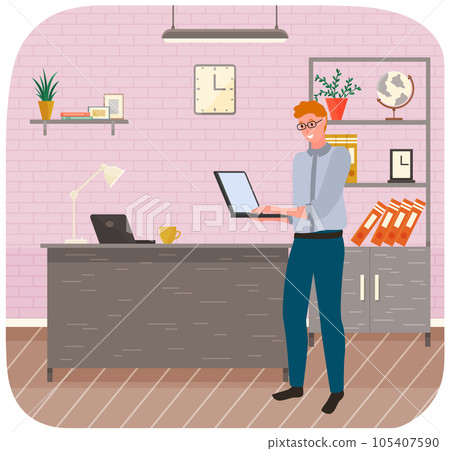 Working male character employee in office with computer typing on keyboard communicating person 105407590