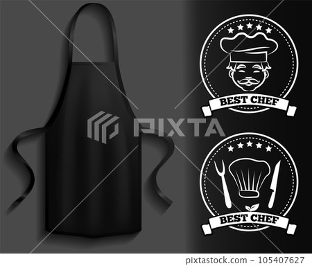 Aprons next to icons of kitchen utensils. Clothes element, protective clothing, toque for cooking 105407627