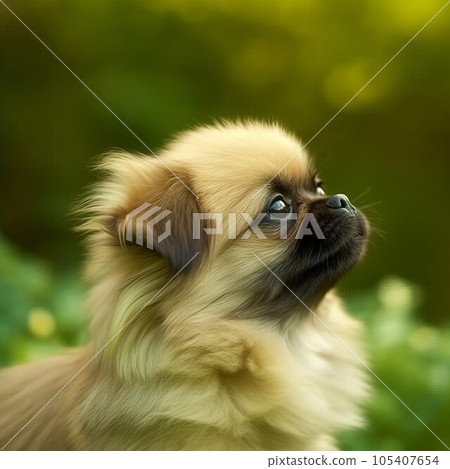 Profile portrait of a cute Pekingese puppy in the nature. Pekingese pup portrait on sunny summer day. Outdoor portrait of a beautiful young dog in a summer field. AI generated dog illustration. 105407654