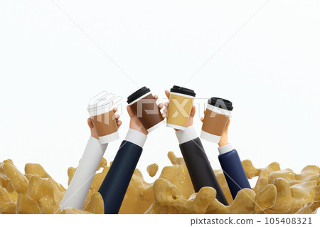 Hand holding paper coffee cup with blank labels over coffee liquid splash, mock up, 3D rendering. Hand holding paper coffee cup with blank labels over coffee liquid splash, mock up, 3D rendering. 105408321