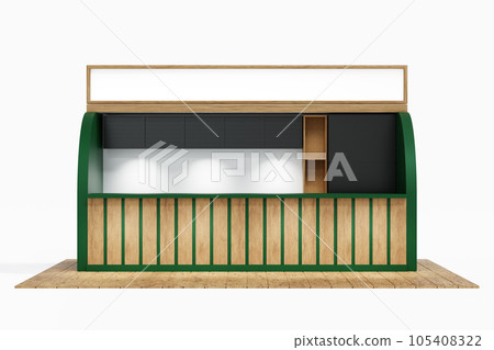 Green and wood booth exhibition stand display mockup design for event trade show, 3D rendering. Green and wood booth exhibition stand display mockup design for event trade show, 3D rendering. 105408322
