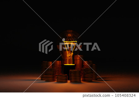 Light bulb with stock of gold coin, get idea to make money. 3D rendering. Light bulb with stock of gold coin, get idea to make money. 3D rendering. 105408324