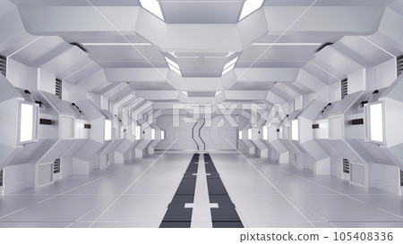 Inside spaceship or space station interior, Sci-Fi tunnel, corridor with empty space, 3D rendering 105408336