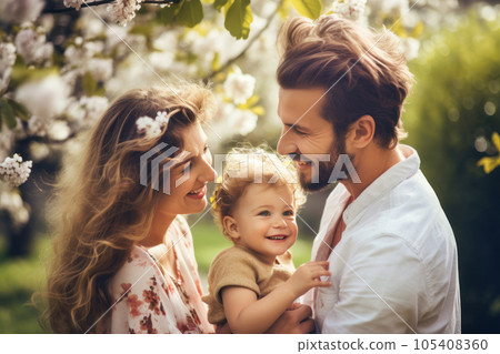 Family time spent in a flower-filled park 105408360