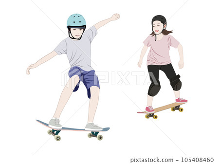 男孩和女孩玩滑板的插圖 105408460