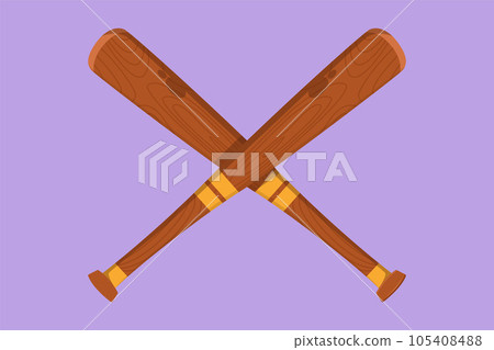 Cartoon flat style drawing of two crossed baseball bats, icon sports tool. Simple shape for design logo, emblem, symbol, sign, badge, label, stamp. Outdoor activity. Graphic design vector illustration 105408488