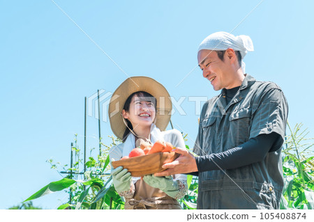 Asian men and women who do agriculture, farmers, and home gardens (vegetables) Asian men and women who do agriculture, farmers, and home gardens (vegetables) 105408874