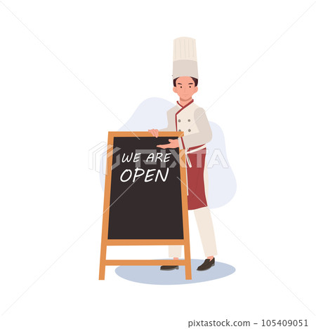 Experienced Chef in Friendly Gesture. Male Chef Inviting with Welcoming Gesture near welcome board. Flat vector cartoon illustration Experienced Chef in Friendly Gesture. Male Chef Inviting with Welcoming Gesture near welcome board. Flat vector cartoon illustration 105409051