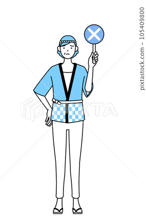 A senior woman wearing a summer festival happi coat with an X stick indicating an incorrect answer A senior woman wearing a summer festival happi coat with an X stick indicating an incorrect answer 105409800