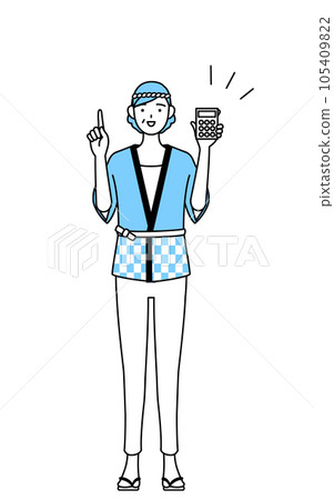 A senior woman wearing a summer festival happi coat pointing with a calculator 105409822
