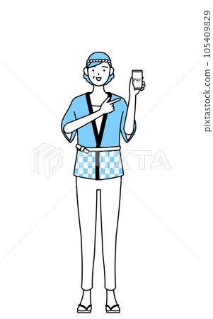 A senior woman wearing a summer festival happi coat recommending cashless and online payment of smartphones A senior woman wearing a summer festival happi coat recommending cashless and online payment of smartphones 105409829