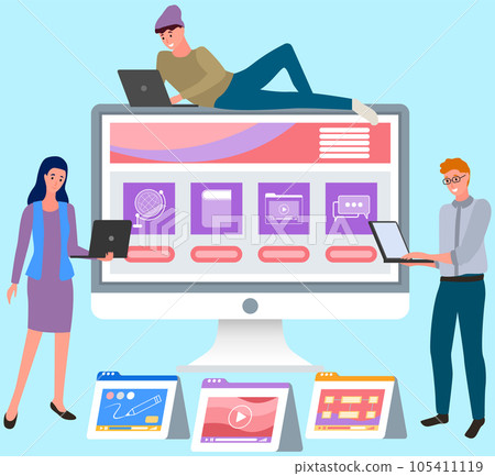 People with laptops study various training courses for students. Distance education, online learning 105411119