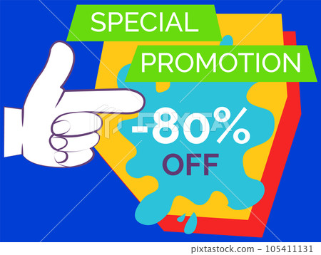 Big sale banner. Sale and discounts. Big discount with human hand pointing to advertising phrase Big sale banner. Sale and discounts. Big discount with human hand pointing to advertising phrase 105411131