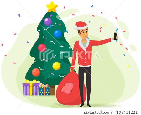 Man in costume of Santa Claus taking selfie. Guy is posing for self portrait near Christmas tree 105411221