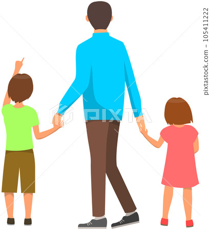 Man holds his children by hands. People stand and look at something behind. Family during walk Man holds his children by hands. People stand and look at something behind. Family during walk 105411222