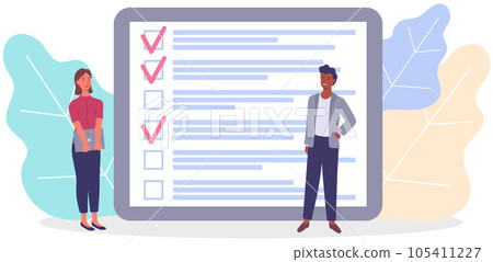 Man and woman stand near to do list and discuss schedule. People work with checklist planning 105411227