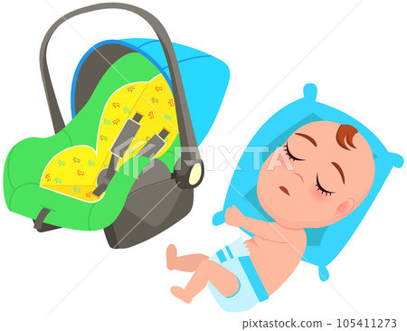 Baby lying on pillow and sleeping near child car place with safety belt and carrying handle Baby lying on pillow and sleeping near child car place with safety belt and carrying handle 105411273