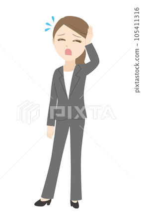 一個穿著沮喪的褲子套裝的女人，全身 105411316