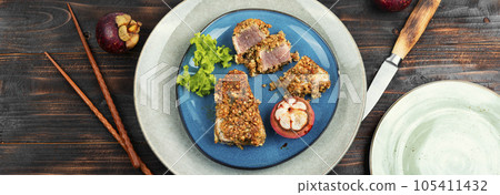 Tuna steak, long banner. 105411432