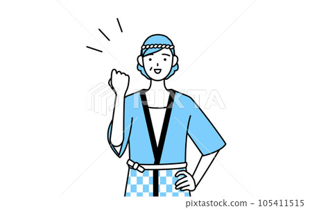 A senior woman wearing a summer festival happi coat doing a guts pose 105411515