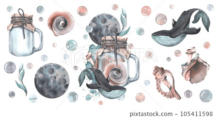 A glass jar with whale, seashells, algae, bubbles and a moon. Watercolor illustration hand drawn. Set of isolated elements on a white background A glass jar with whale, seashells, algae, bubbles and a moon. Watercolor illustration hand drawn. Set of isolated elements on a white background 105411598