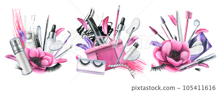 Pink cosmetic bag with beauty master's tools for eyelash extension and lamination, with brushes, silicone rollers. Watercolor illustration, hand drawn. Set of compositions on a white background Pink cosmetic bag with beauty master's tools for eyelash extension and lamination, with brushes, silicone rollers. Watercolor illustration, hand drawn. Set of compositions on a white background 105411616