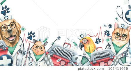 Veterinary doctors hamster, dog, cat, parrot, pet carrier, medicines. Watercolor illustration, hand drawn, for the design of clinics, hospitals, pharmacies. Border template on a white background Veterinary doctors hamster, dog, cat, parrot, pet carrier, medicines. Watercolor illustration, hand drawn, for the design of clinics, hospitals, pharmacies. Border template on a white background 105411656