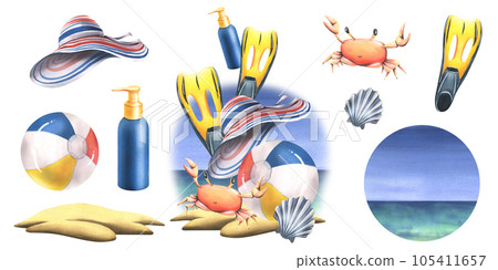 Inflatable ball with striped hat, crab, shell, flippers and sunscreen on a tropical island. Watercolor illustration, hand drawn. Set of isolated elements on a white background Inflatable ball with striped hat, crab, shell, flippers and sunscreen on a tropical island. Watercolor illustration, hand drawn. Set of isolated elements on a white background 105411657