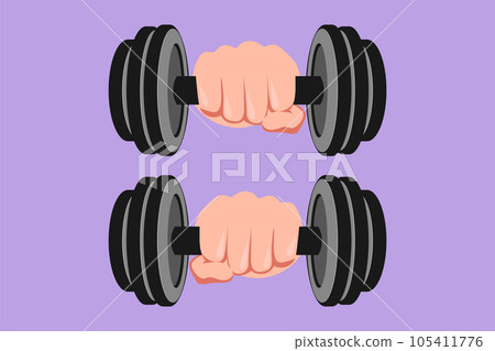 Cartoon flat style drawing stylized dumbbell in hand. Gym, fitness label. Barbell and strong hand fist. Template for sport icon, symbol, logotype or other branding. Graphic design vector illustration Cartoon flat style drawing stylized dumbbell in hand. Gym, fitness label. Barbell and strong hand fist. Template for sport icon, symbol, logotype or other branding. Graphic design vector illustration 105411776