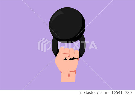 Cartoon flat style drawing of kettlebell weight. Hand lifted kettlebell. Stay strong. Gym, fitness label. Athletic sportsman arm holding kettlebell. Fitness workout. Graphic design vector illustration 105411780