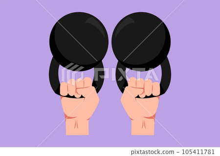 Character flat drawing kettlebell weight. Hand lifted kettlebell. Raise hand with kettlebell for business, logo, t shirt, poster. Sport icon, symbol, logo, branding. Cartoon design vector illustration Character flat drawing kettlebell weight. Hand lifted kettlebell. Raise hand with kettlebell for business, logo, t shirt, poster. Sport icon, symbol, logo, branding. Cartoon design vector illustration 105411781