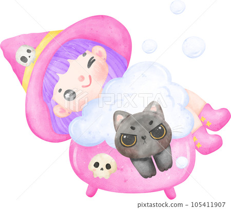 Cute Halloween Witch Cartoon watercolor Cute Halloween Witch Cartoon watercolor 105411907