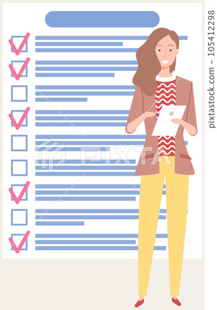 Woman stands near to do list and planning schedule. Plan fulfilled, task completed, timetable sheet 105412298