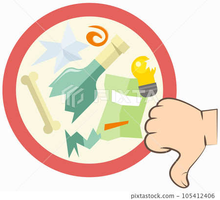 Garbage symbol. Do not litter sign. Trash icon with dirty trash, broken bottles in red circle Garbage symbol. Do not litter sign. Trash icon with dirty trash, broken bottles in red circle 105412406