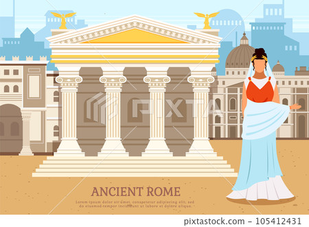 Ancient roman woman near pantheon temple building with columns, antique culture vector poster 105412431