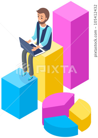 Man sitting on bar chart analyzes financial dat statistics. Business report in form of diagrams 105412432
