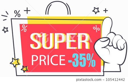 Big sale banner. Sale and discounts. Big discount with human hand pointing to advertising phrase 105412442