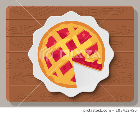 Delicious homemade holiday cake. Baked cherry pie on plate on wooden table vector illustration 105412456