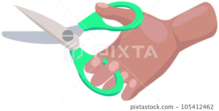 Iron scissors in human hand. Tool made of blades and plastic handle isolated on white background 105412462