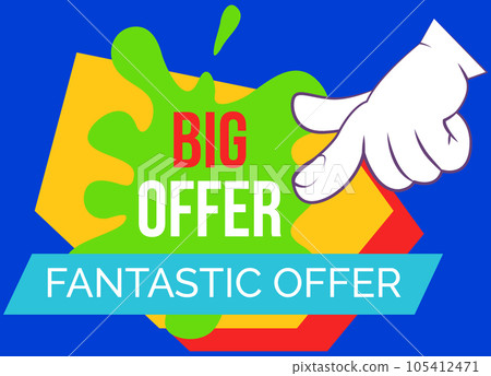 Big sale banner. Sale and discounts. Big discount with human hand pointing to advertising phrase Big sale banner. Sale and discounts. Big discount with human hand pointing to advertising phrase 105412471